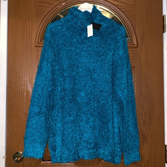 Molly & Isadora Vita Turtleneck Fuzzy Knit Pullover Sweater In Dark Teal - Picture 5 of 16